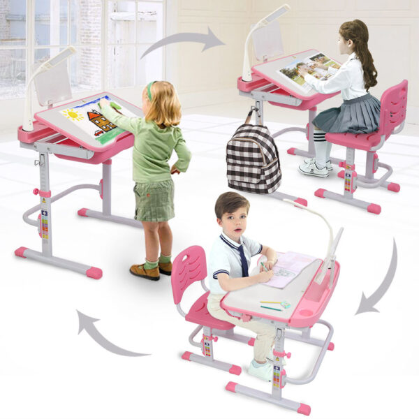 70CM Lifting Table Can Tilt Children Learning Table And Chair Pink (With Reading Stand With USB Table Lamp) - Image 2