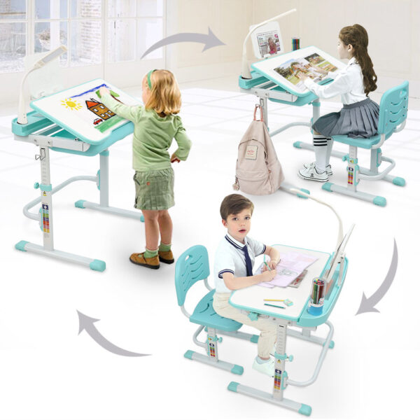70CM Lifting Table Can Tilt Children Learning Table And Chair Blue-Green (With Reading Stand With USB Table Lamp) - Image 4