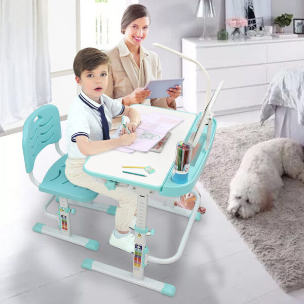 70CM Lifting Table Can Tilt Children Learning Table And Chair Blue-Green (With Reading Stand With USB Table Lamp)