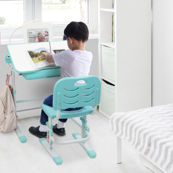 70CM Lifting Table Can Tilt Children Learning Table And Chair Blue-Green (With Reading Stand With USB Table Lamp) - Image 2