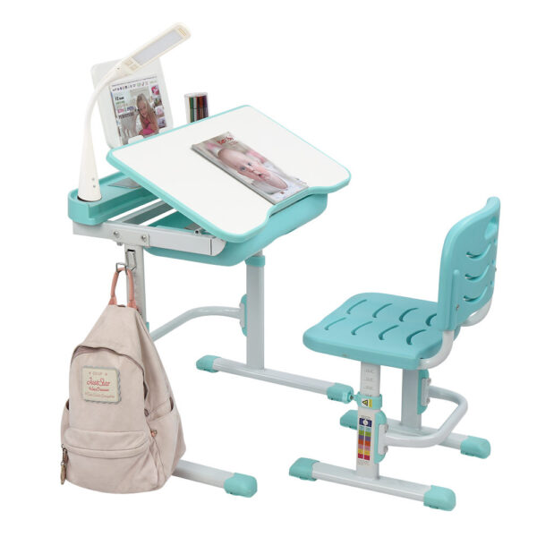 70CM Lifting Table Can Tilt Children Learning Table And Chair Blue-Green (With Reading Stand With USB Table Lamp) - Image 5
