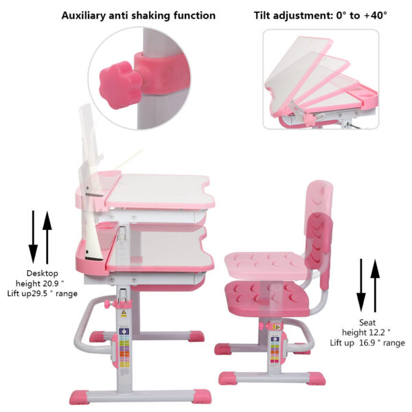 70CM Lifting Table Can Tilt Children Learning Table And Chair Pink (With Reading Stand With USB Table Lamp) - Image 3