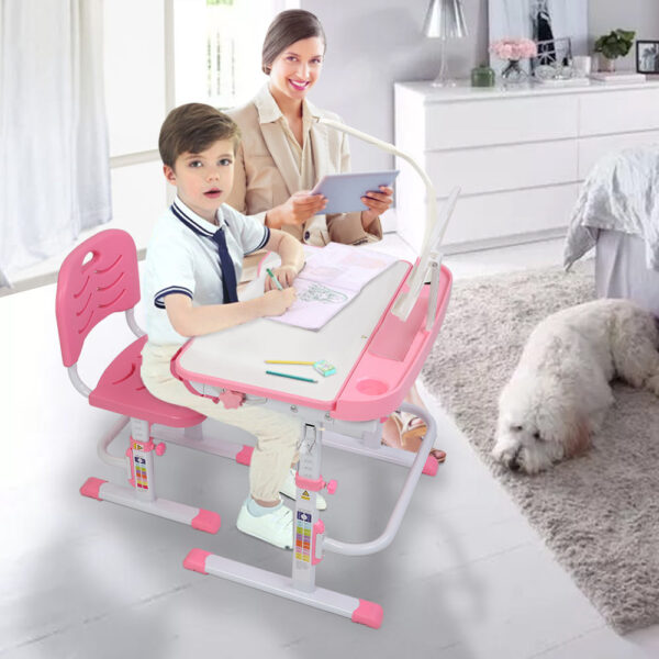 70CM Lifting Table Can Tilt Children Learning Table And Chair Pink (With Reading Stand With USB Table Lamp)