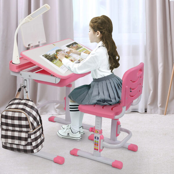 70CM Lifting Table Can Tilt Children Learning Table And Chair Pink (With Reading Stand With USB Table Lamp) - Image 4